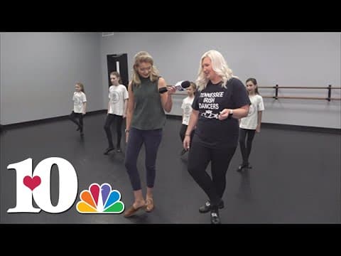 Katie Inman learns some moves from the Tennessee Irish Dancers
