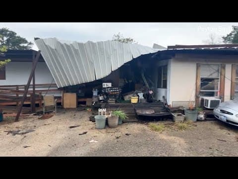 Building damaged by high winds in Granbury, Texas after storms