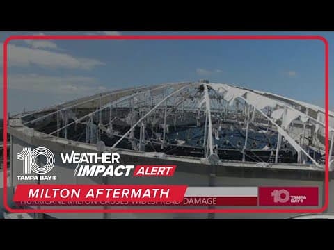 A look at the damaged Tropicana Field roof in daylight following Hurricane Milton