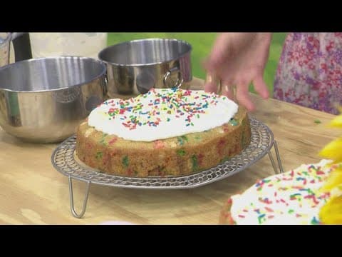 Easiest ever (no, really) Rainbow Sprinkle Snacking Cake with Cream Cheese Glaze