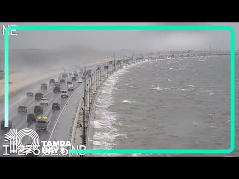 Waves crash into Howard Frankland Bridge as potentially severe weather rolls in