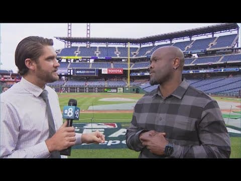 Jake Garegnani chats with Tony Gwynn Jr. ahead of NLCS Game 4