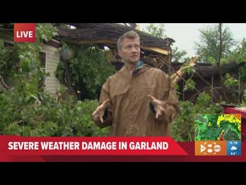 DFW severe storm damage: Loud thunder crack during WFAA live shot