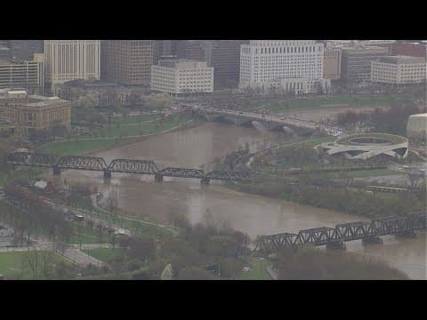 Tower camera view of high water in Scioto River in downtown Columbus