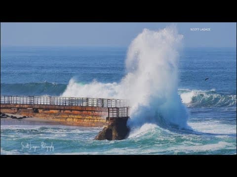 Children's Pool La Jolla sea wall railing damaged by high surf