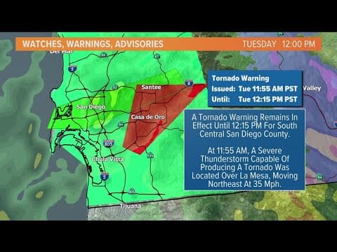 Tornado Warning issued for southcentral areas San Diego County