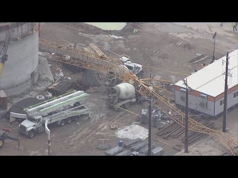 Raw aerials: 1 killed, 1 hurt when crane collapses on truck during Houston storm