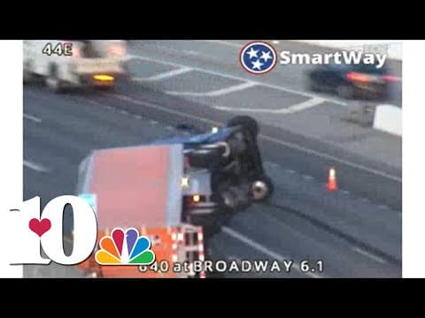 Flipped semi-truck blocks I-640 West at Broadway exit in Knoxville