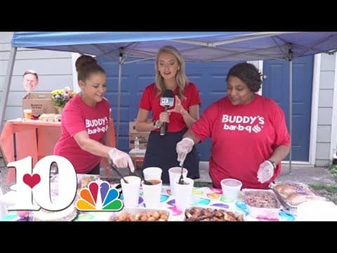 Buddy's BBQ laying their spread in Moore's backyard