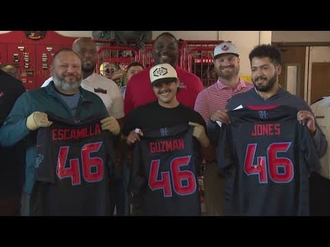 Houston Texans present custom jerseys to 3 Houston firefighters badly burned in apartment fire