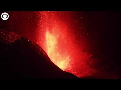 Rivers of thick lava flow from volcano on La Palma island in Spain