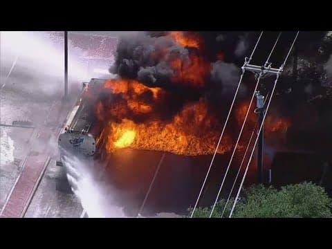 Update: Major clean up underway after a 5,000-gallon oil tanker catches fire