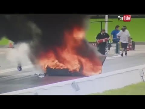 Professional drag racer's wife raises safety concerns after car explosion leaves him severely burned
