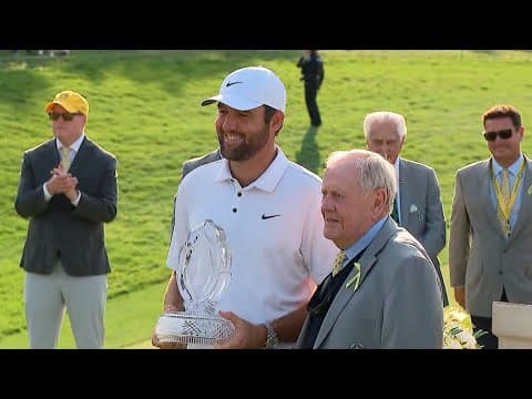 Jack Nicklaus presents trophy to Scottie Scheffler at Memorial Tournament
