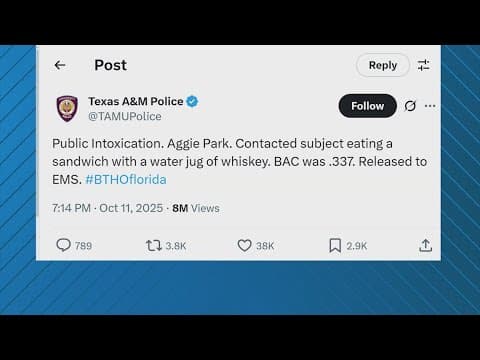 'Eating a sandwich with a water jug full of whiskey' | Texas A&M police post goes viral