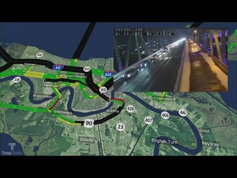 Slow moving traffic on Crescent City Connection due to icy roads in New Orleans