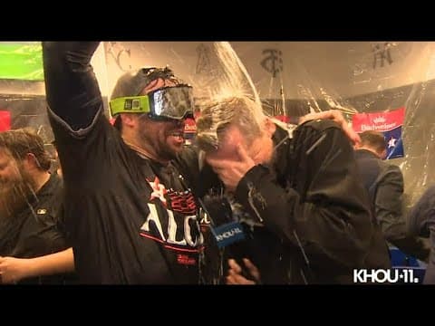 KHOU 11's Jason Bristol gets doused during Astros clubhouse celebration