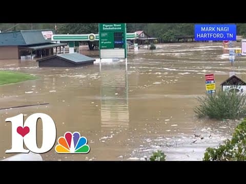 Buildings underwater in Cocke Co. after Pigeon River floods over in Hartford, TN from Helene