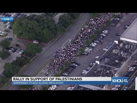 Group rallying for Palestine marching along Greenway Plaza