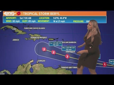 Saturday, 7am Tropical Update: Tropical Storm Beryl set to become first hurricane of the season
