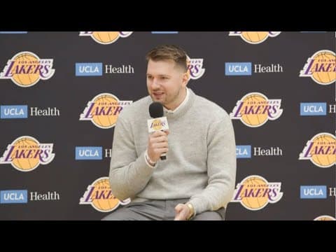 Luka Doncic speaks to Mavs fans during Lakers introductory press conference