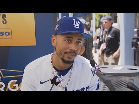 Mookie Betts answers questions before he suits up for the All-Star game in his home stadium