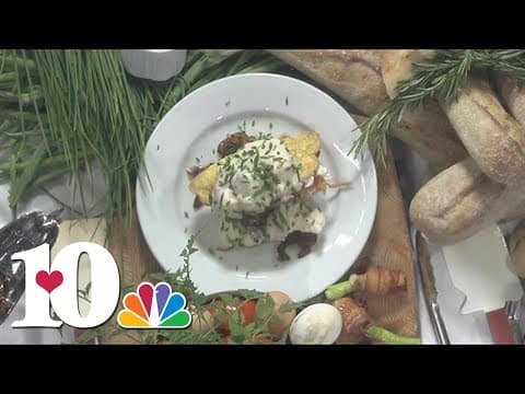 Making flambé steak benedict with lobster Mornay sauce