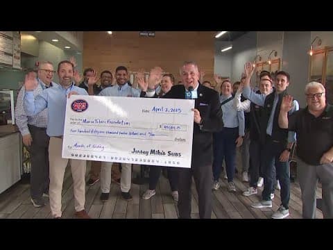 10TV's Dom Tiberi accepts check for Maria Tiberi Foundation from Jersey Mike's Month of Giving