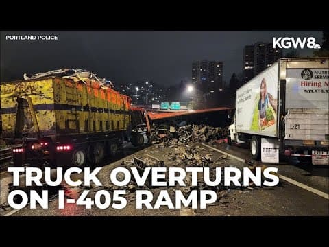 Metal recycling truck overturns on I-405 in Portland; debris lands on road below