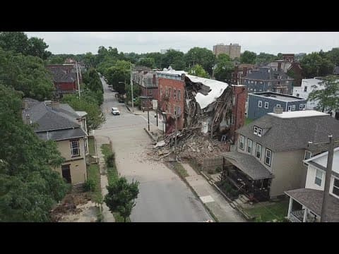 Drone video shows partial building collapse in Columbus