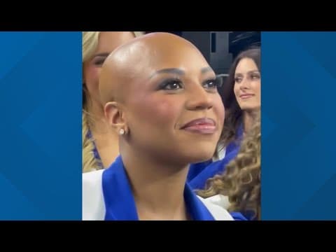 Cowboys cheerleader with alopecia cheers without wig for My Cause My Boots night