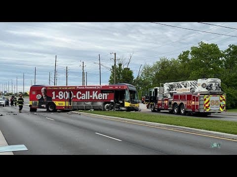 Driver injured when IndyGo bus hits guardrail, crashes across median on south side of Indianapolis