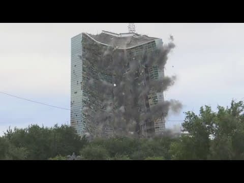 Demolition crews implode a hurricane-damaged skyscraper in Lake Charles, Louisiana