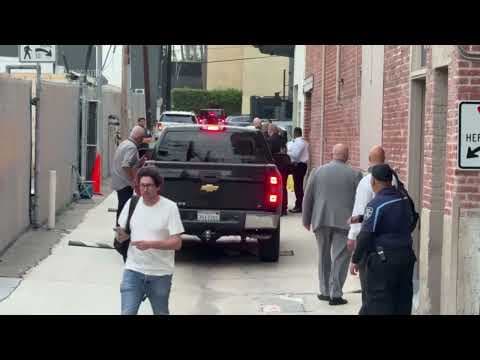 Protesters gather as Jimmy Kimmel departs his studio after suspension of late-night show