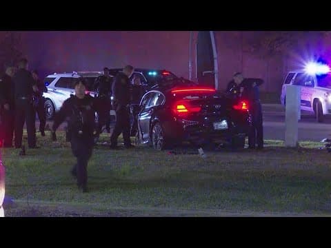 High-speed chase ends with car slamming into utility pole along North Freeway, passenger trapped, HC