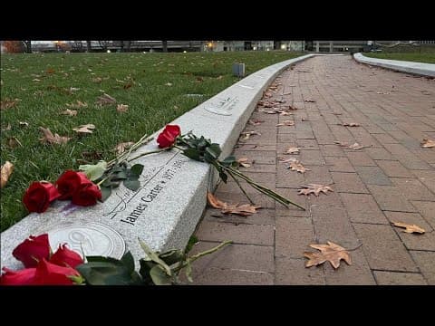 Flowers placed outside of Benjamin Harrison Presidential Site in downtown Indy for Jimmy Carter