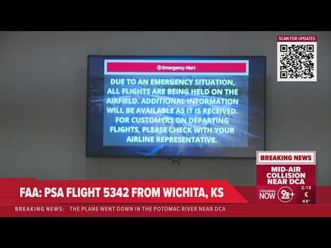 Reagan National Airport near empty, emergency alerts displayed