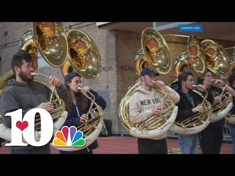East Tennessee State University's marching band is performing at the Macy's Thanksgiving Day Parade.