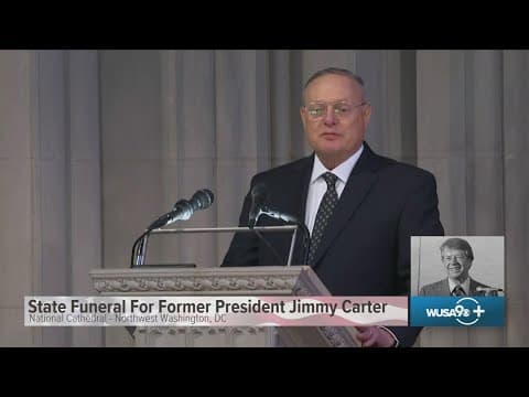 Vice President Walter Mondale's son reads tribute to Jimmy Carter on his behalf