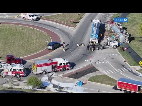 OSHP: Tanker truck overturns at Dublin roundabout, injuring truck driver