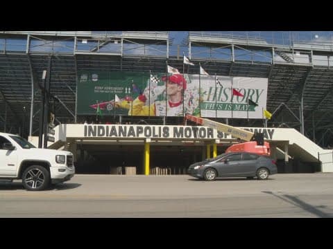 Banner commemorating Newgarden's back-to-back Indy 500 wins installed outside IMS
