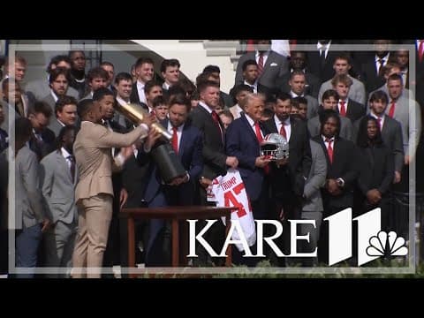 VP Vance fumbles college football trophy during Ohio State's White House visit