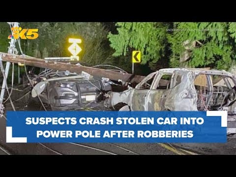 Suspects crash stolen car into power pole after robberies, shooting in Snohomish County