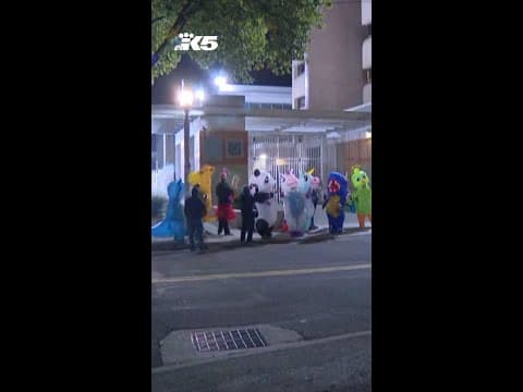 Protests in inflatable costumes gather outside Portland ICE facility