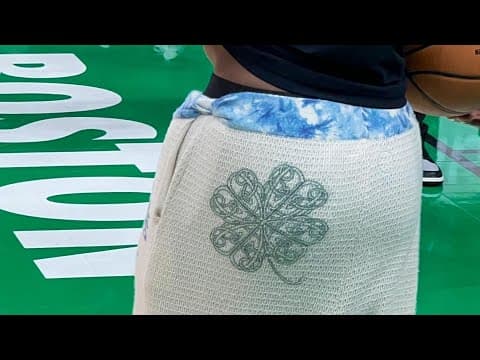 2024 NBA Finals | Mavs Kyrie Irving practices at media day with shamrock on left butt cheek of pants