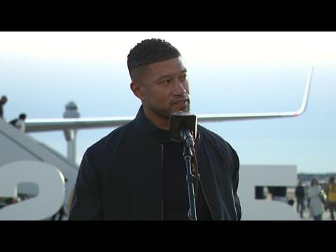 Notre Dame head coach Marcus Freeman speaks as the Irish arrive in Atlanta