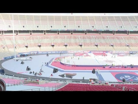 How are crews keeping ice at Ohio Stadium's outdoor hockey rink from melting?