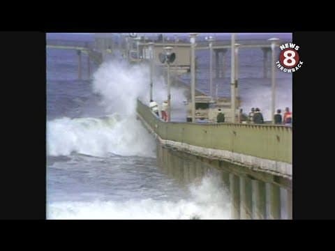 Ocean Beach Pier pounded by high surf in 1979