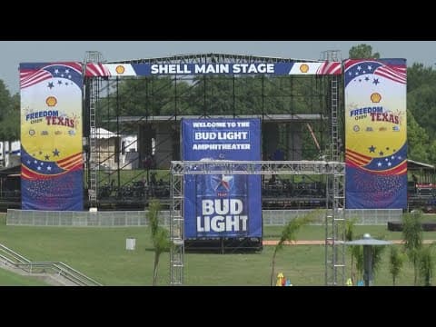 Crews setting up for Freedom Over Texas concert and fireworks display in downtown Houston