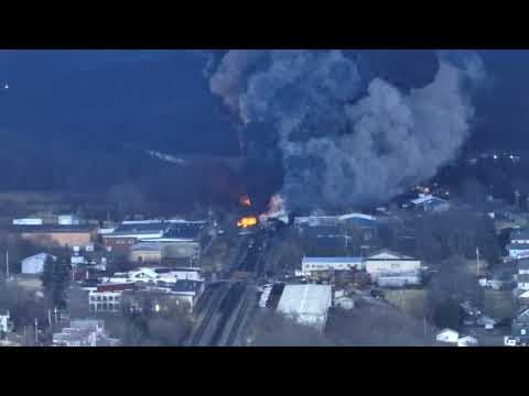 Aerial footage shows train fire burning in Ohio